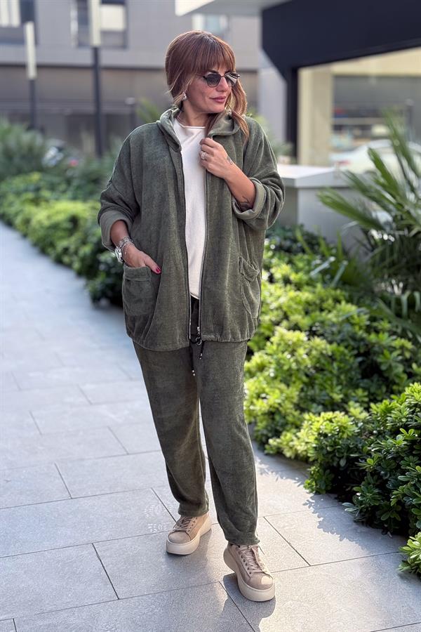 Düz Basic Kadife Ceket Haki Renk