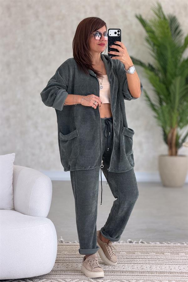 Düz Basic Kadife Ceket Koyu Haki Renk