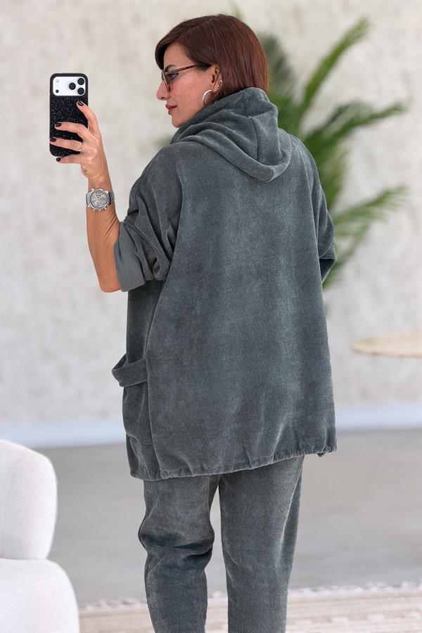 Düz Basic Kadife Ceket Koyu Haki Renk