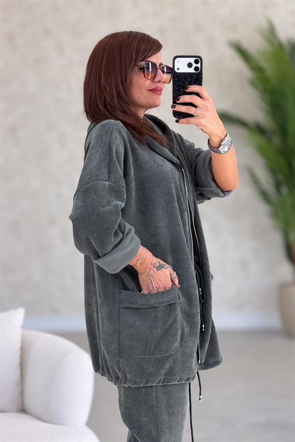 Düz Basic Kadife Ceket Koyu Haki Renk