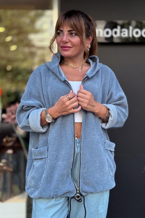 Düz Basic Kadife Ceket Mavi Renk