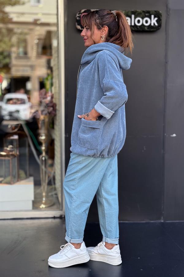 Düz Basic Kadife Ceket Mavi Renk