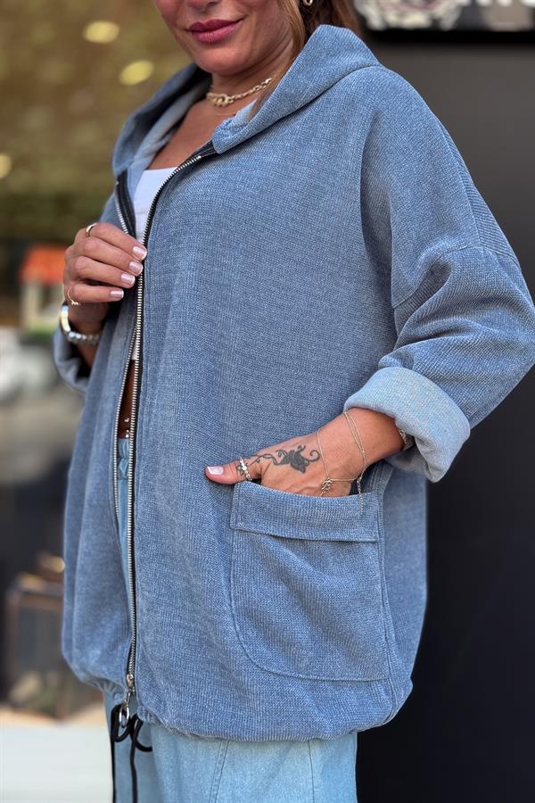 Düz Basic Kadife Ceket Mavi Renk