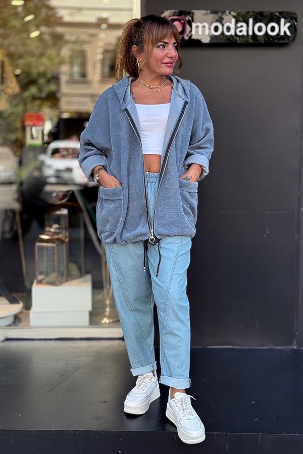 Düz Basic Kadife Ceket Mavi Renk