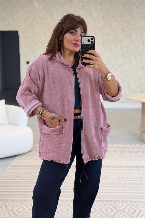 Düz Basic Kadife Ceket Pudra Renk