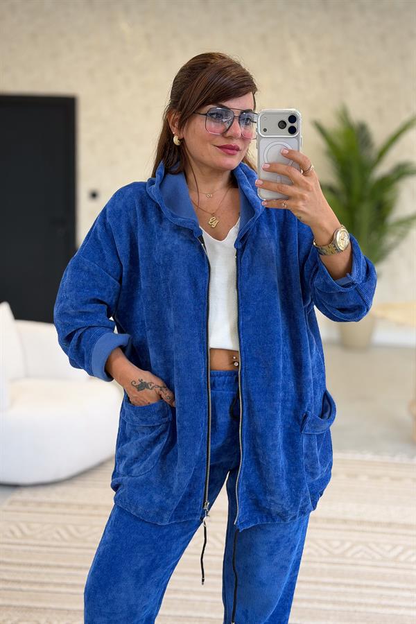 Düz Basic Kadife Ceket Saks Renk