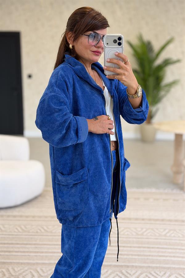 Düz Basic Kadife Ceket Saks Renk