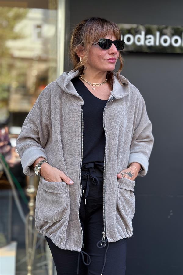 Düz Basic Kadife Ceket Vizon Renk