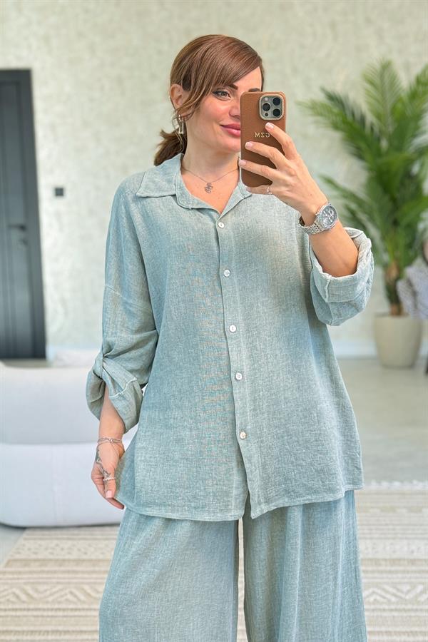 Düz Basic Yıkamalı Pamuklu Keten Gömlek Mint Renk