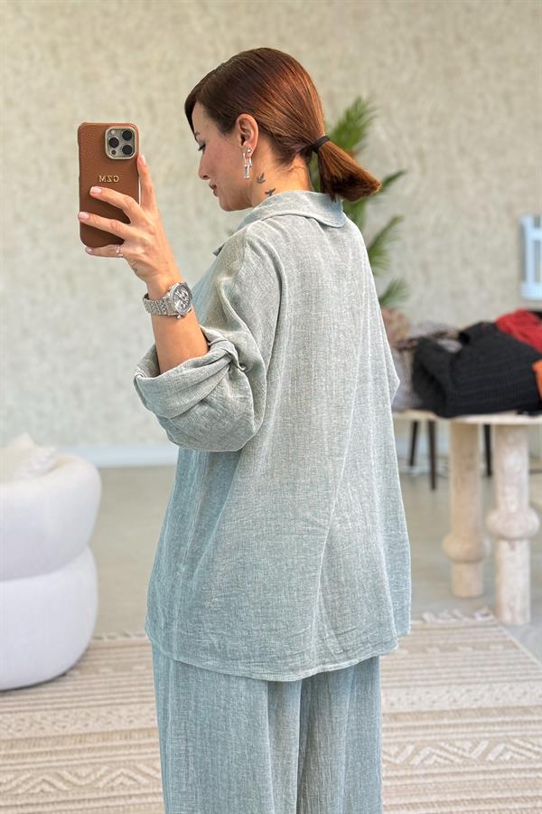 Düz Basic Yıkamalı Pamuklu Keten Gömlek Mint Renk