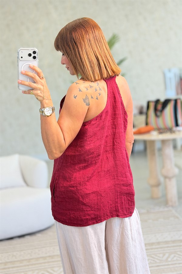 Düz Basic Yüzücü Keten Bluz Bordo Renk