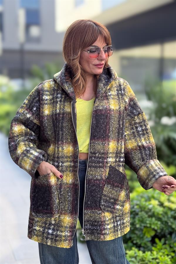 Ekose Desenli Keçe Kaban Sarı Renk