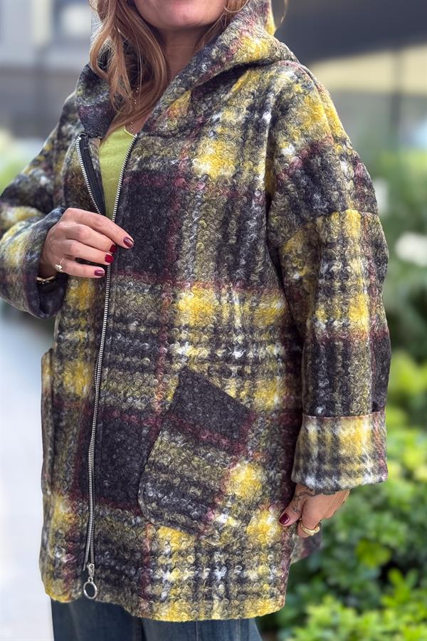 Ekose Desenli Keçe Kaban Sarı Renk