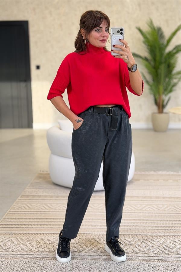 Eskitme Deri Görünümlü Pantolon Antresit Renk