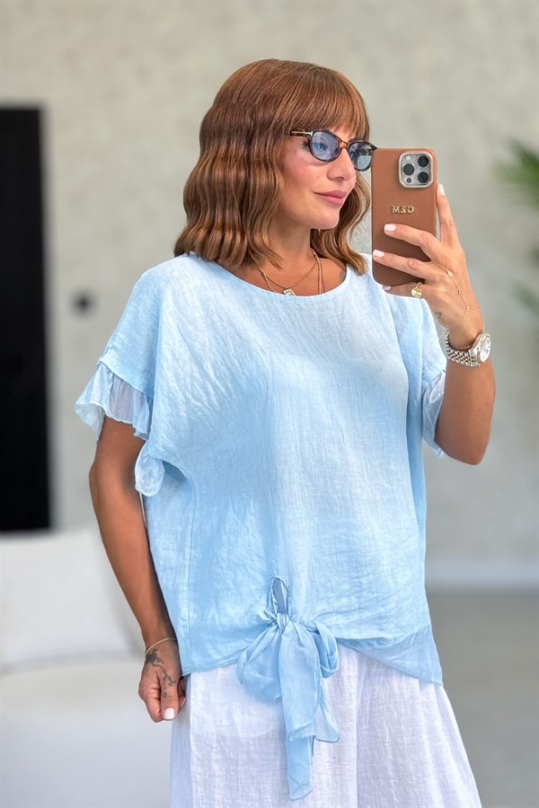 Etek Ucu İpekli Sırtı Bağlamalı Keten Bluz Bebe Mavi Renk