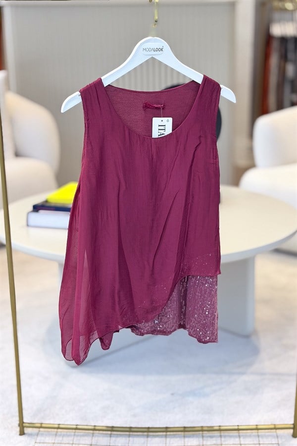 Etek Ucu Pullu Kolsuz İpek Bluz Bordo Renk