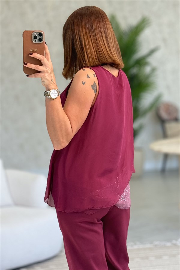 Etek Ucu Pullu Kolsuz İpek Bluz Bordo Renk