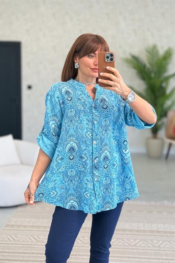 Etnik Desenli Pamuklu Gömlek Turkuaz Renk