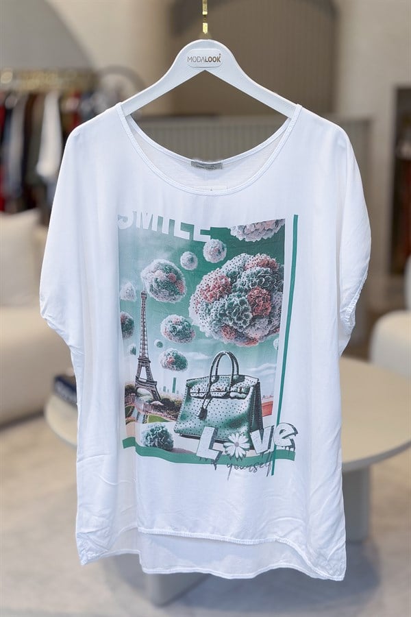 Eyfel Desenli Viskon Tshirt Yeşil RenkBLUZ
