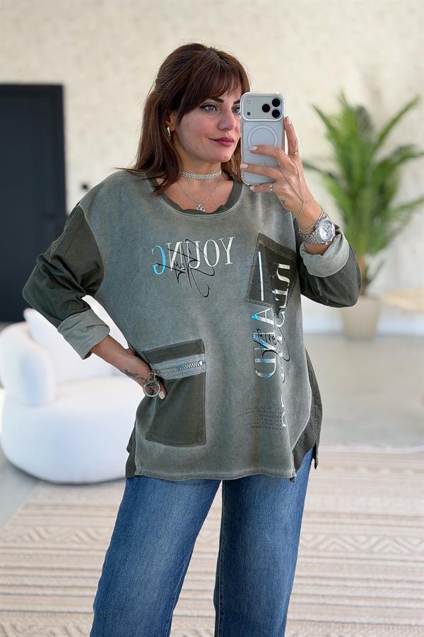 Fermuar Cep Detaylı Yuvarlak Yaka Yıkamalı Sweet Haki Renk