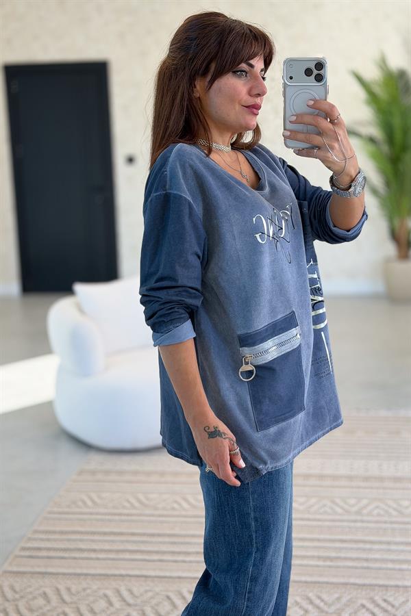 Fermuar Cep Detaylı Yuvarlak Yaka Yıkamalı Sweet İndigo Renk