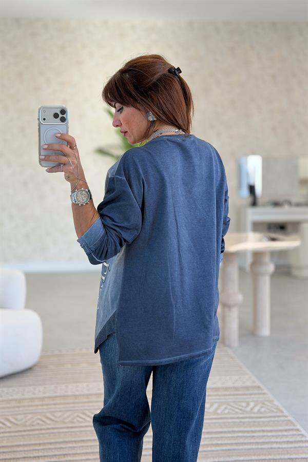 Fermuar Cep Detaylı Yuvarlak Yaka Yıkamalı Sweet İndigo Renk