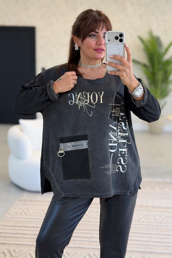 Fermuar Cep Detaylı Yuvarlak Yaka Yıkamalı Sweet Siyah Renk