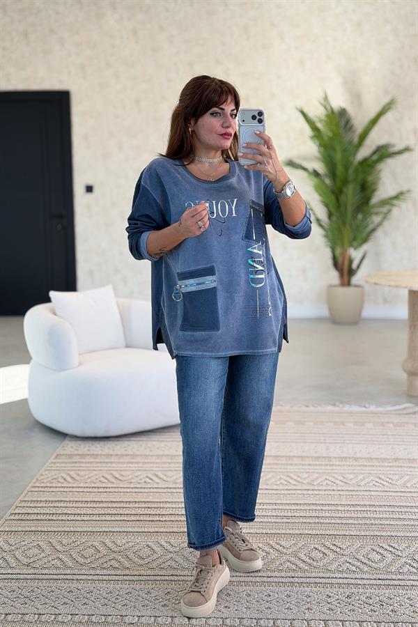 Fermuar Cep Detaylı Yuvarlak Yaka Yıkamalı Sweet İndigo Renk