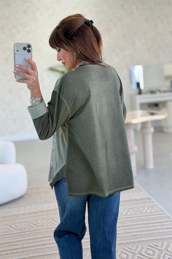 Fermuar Cep Detaylı Yuvarlak Yaka Yıkamalı Sweet Haki Renk