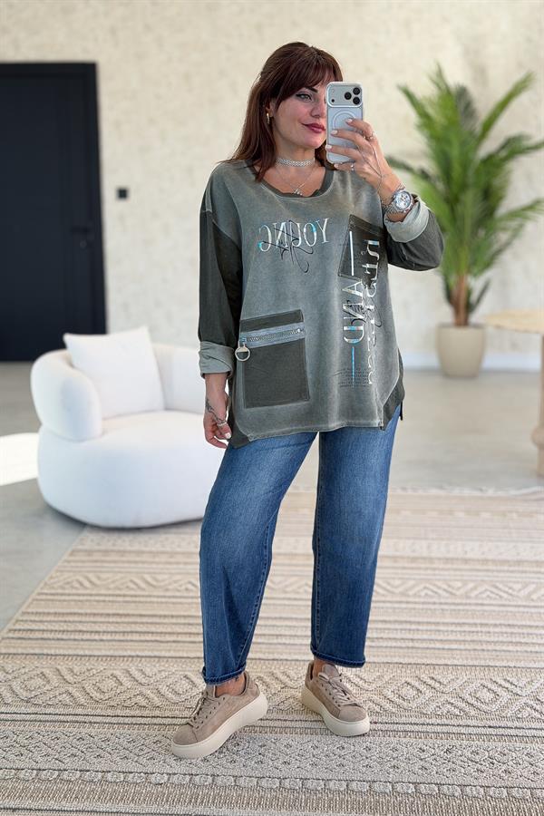 Fermuar Cep Detaylı Yuvarlak Yaka Yıkamalı Sweet Haki Renk