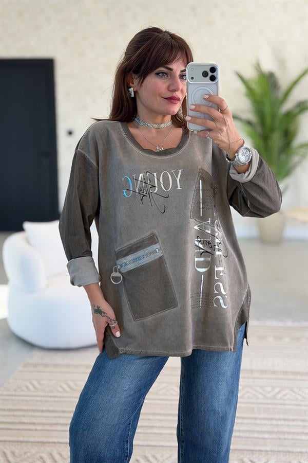 Fermuar Cep Detaylı Yuvarlak Yaka Yıkamalı Sweet Vizon Renk