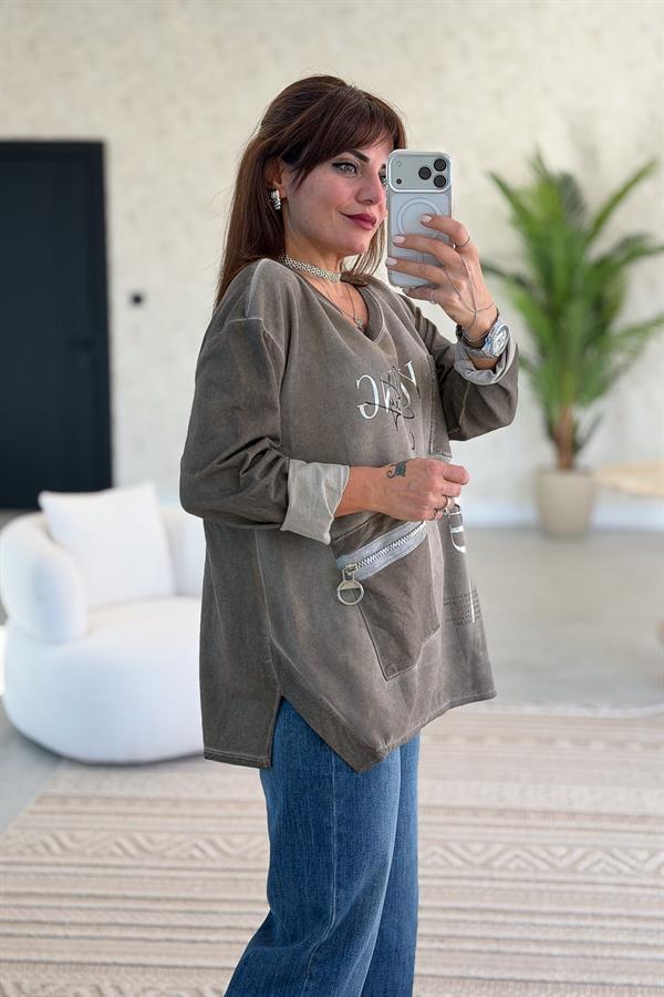 Fermuar Cep Detaylı Yuvarlak Yaka Yıkamalı Sweet Vizon Renk