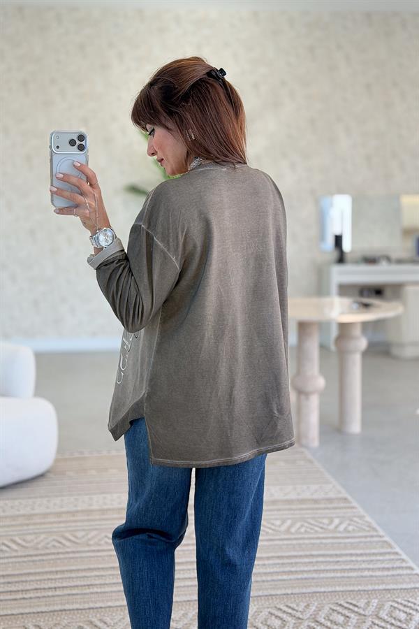 Fermuar Cep Detaylı Yuvarlak Yaka Yıkamalı Sweet Vizon Renk