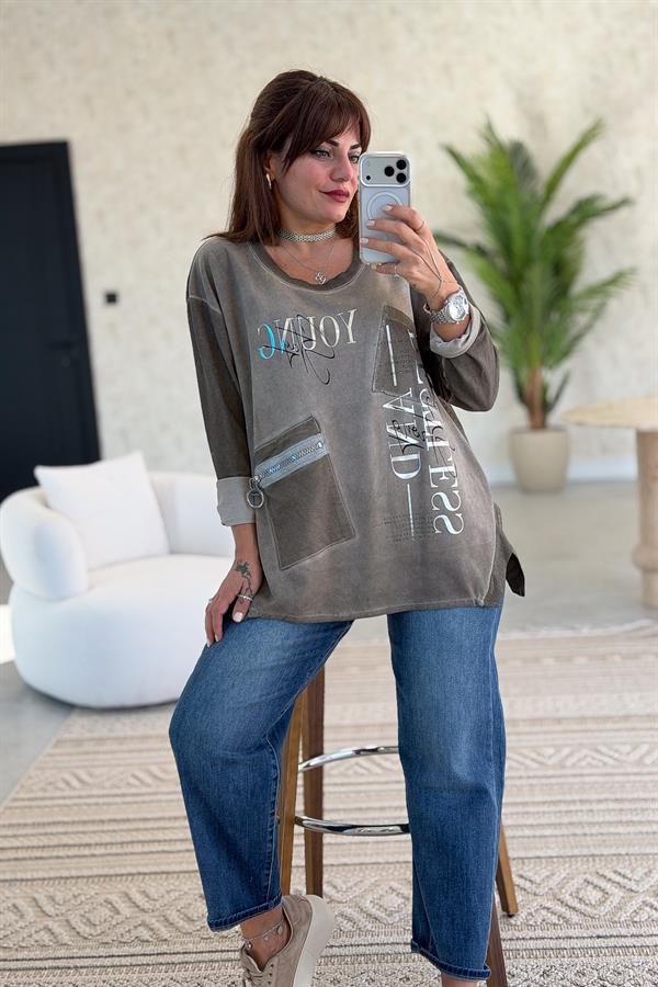 Fermuar Cep Detaylı Yuvarlak Yaka Yıkamalı Sweet Vizon Renk