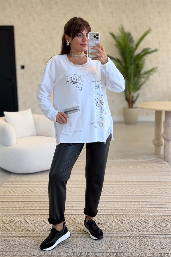 Fermuar Cep Detaylı Yuvarlak Yaka Yıkamalı Sweet Beyaz Renk