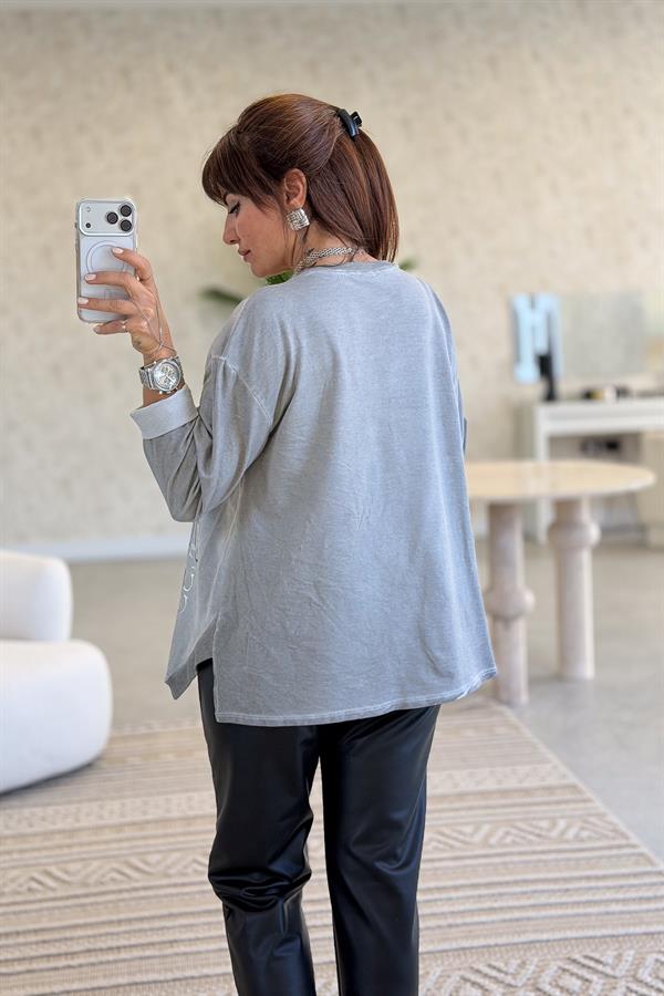 Fermuar Cep Detaylı Yuvarlak Yaka Yıkamalı Sweet Gri Renk