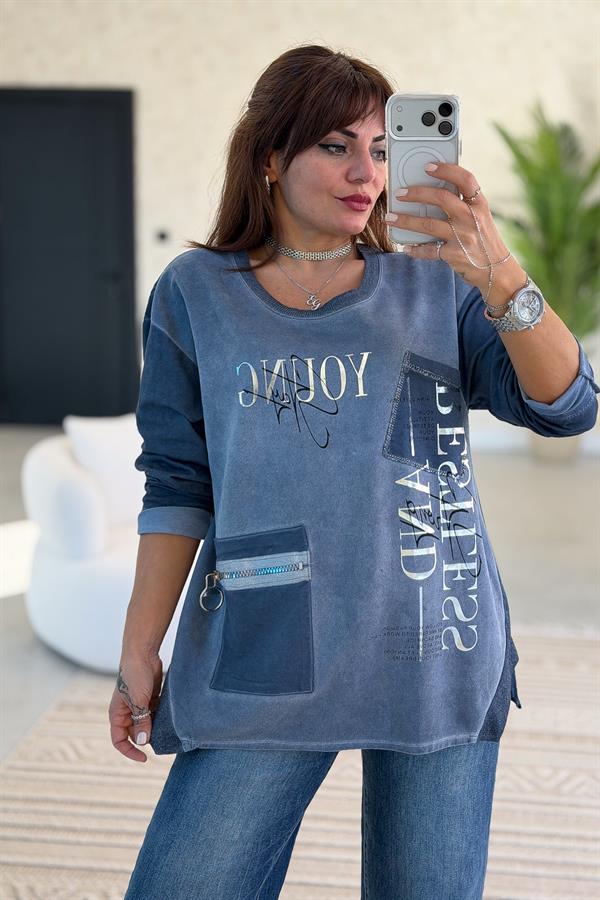 Fermuar Cep Detaylı Yuvarlak Yaka Yıkamalı Sweet İndigo Renk