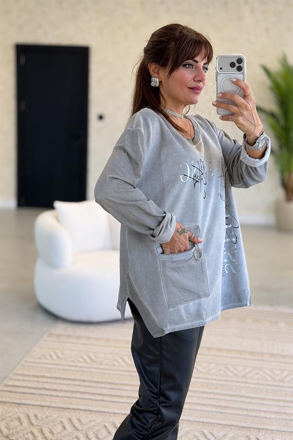 Fermuar Cep Detaylı Yuvarlak Yaka Yıkamalı Sweet Gri Renk
