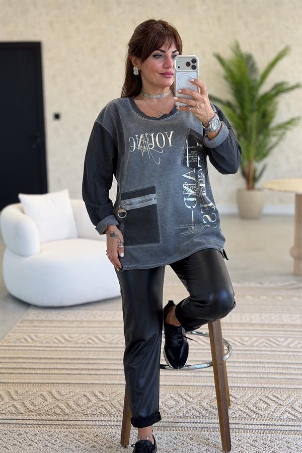 Fermuar Cep Detaylı Yuvarlak Yaka Yıkamalı Sweet Antresit Renk