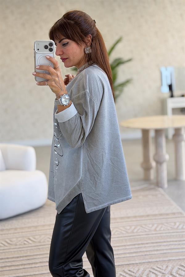 Fermuar Cep Detaylı Yuvarlak Yaka Yıkamalı Sweet Gri Renk