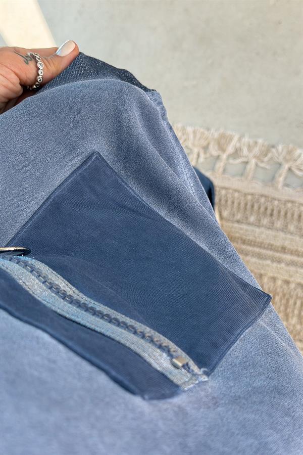 Fermuar Cep Detaylı Yuvarlak Yaka Yıkamalı Sweet İndigo Renk