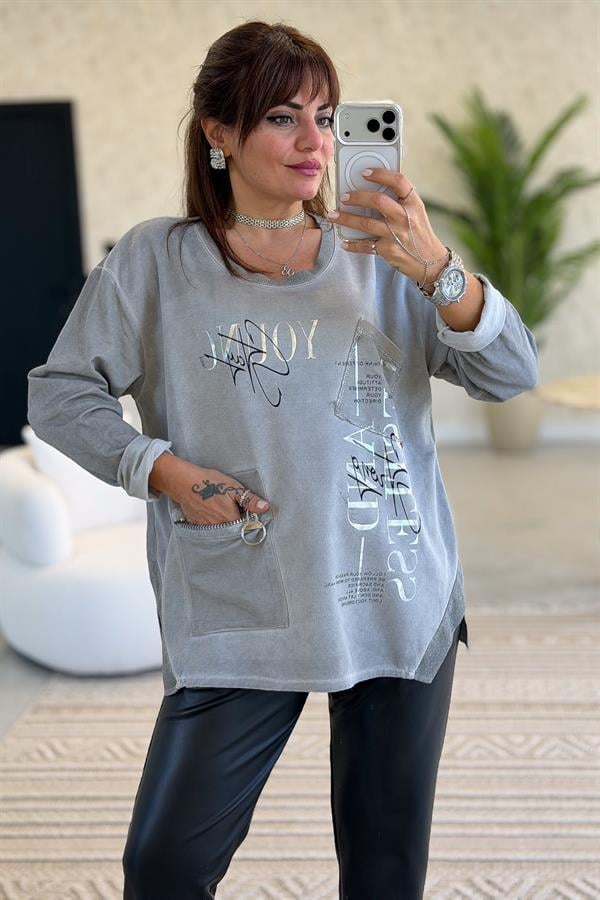 Fermuar Cep Detaylı Yuvarlak Yaka Yıkamalı Sweet Gri Renk