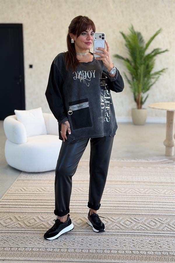 Fermuar Cep Detaylı Yuvarlak Yaka Yıkamalı Sweet Siyah Renk