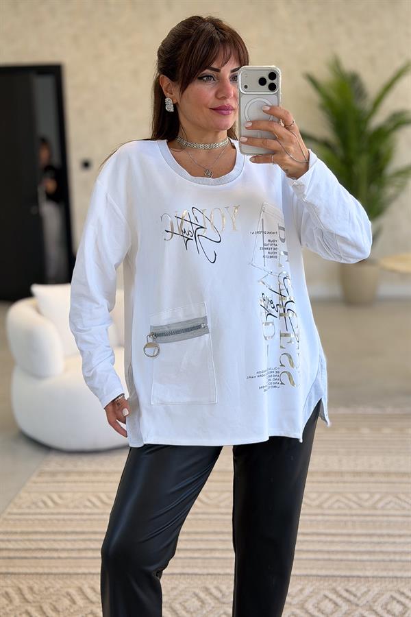 Fermuar Cep Detaylı Yuvarlak Yaka Yıkamalı Sweet Beyaz Renk