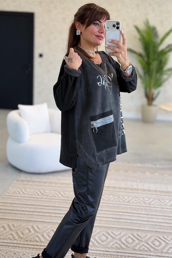 Fermuar Cep Detaylı Yuvarlak Yaka Yıkamalı Sweet Siyah Renk