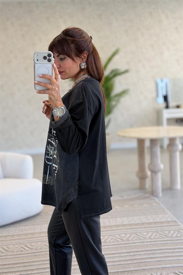 Fermuar Cep Detaylı Yuvarlak Yaka Yıkamalı Sweet Siyah Renk