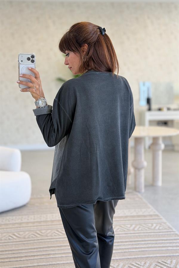 Fermuar Cep Detaylı Yuvarlak Yaka Yıkamalı Sweet Antresit Renk