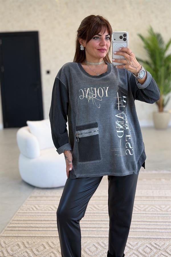 Fermuar Cep Detaylı Yuvarlak Yaka Yıkamalı Sweet Antresit Renk