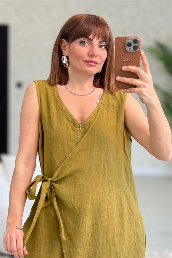 Fermuarlı Yandan Bağlamalı Kolsuz Keten Tulum Yağ Yeşili Renk