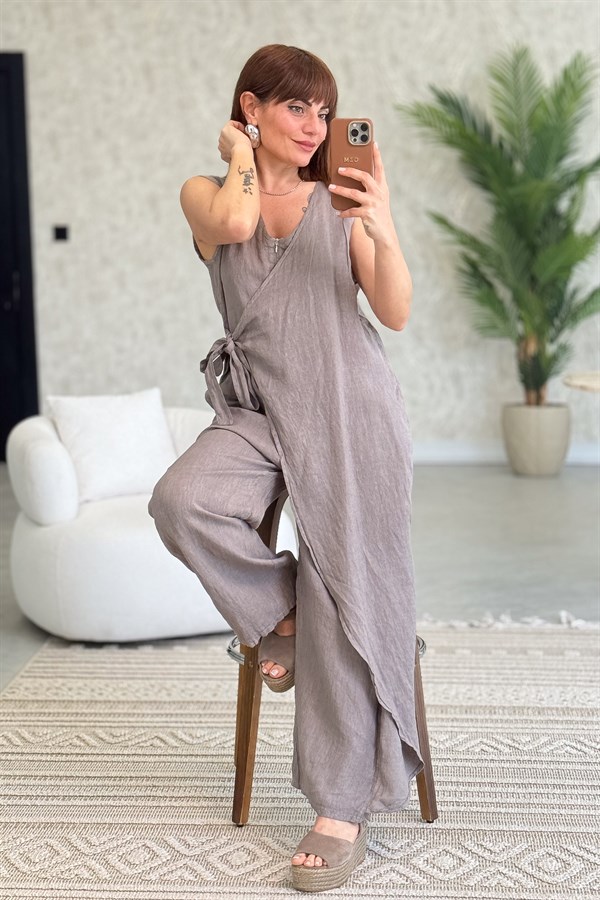 Fermuarlı Yandan Bağlamalı Kolsuz Keten Tulum Vizon Renk